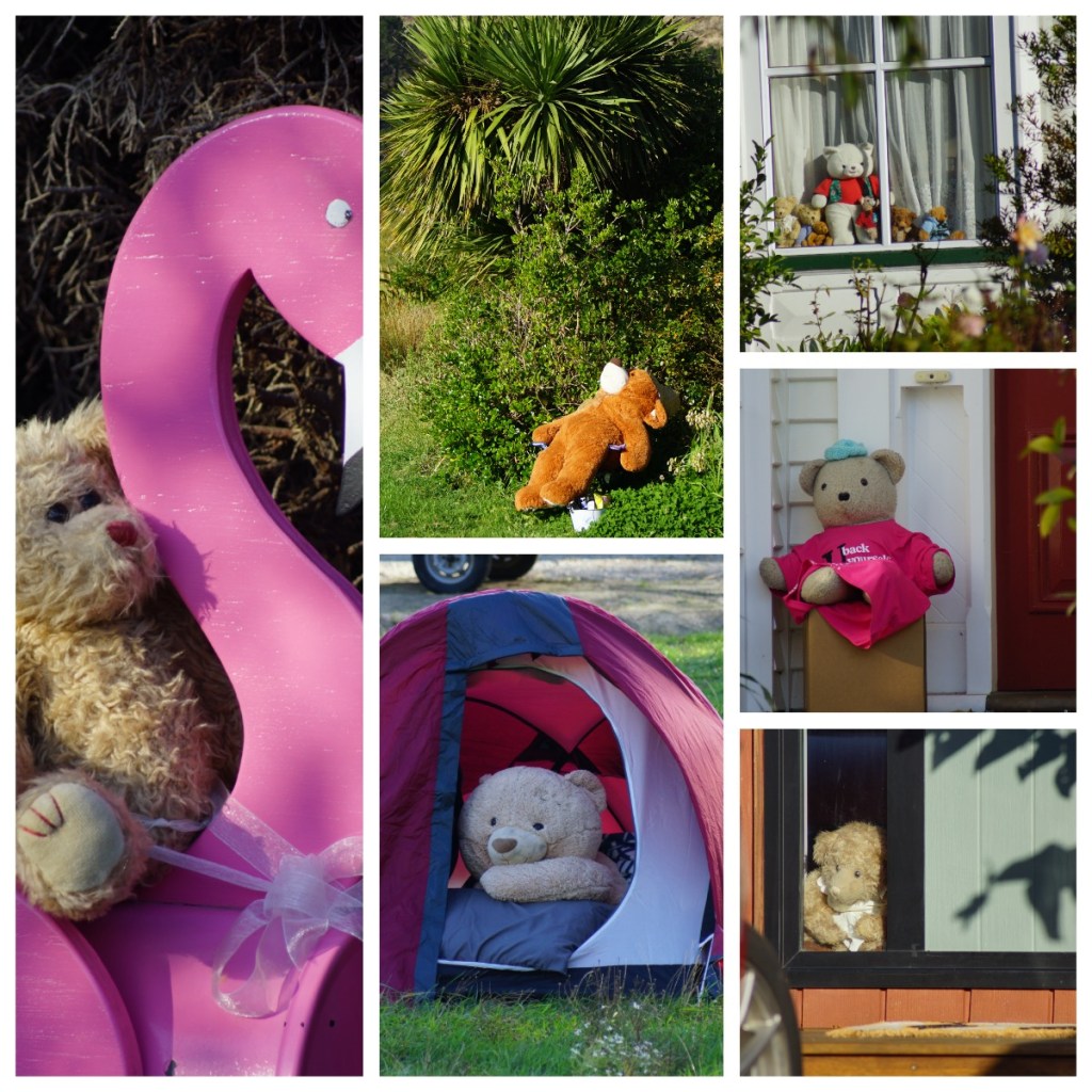 A collage of teddy bears in various settings, including one sitting on a pink flamingo, another lying in the grass, several in a window, one peeking from a tent, and another dressed with a cap and shirt at a doorstep.