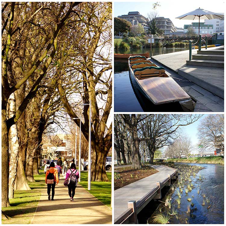 A tree-lined walkway along the Avon River with pedestrians walking, showcasing the new boardwalk and water features of the Avon River Precinct.