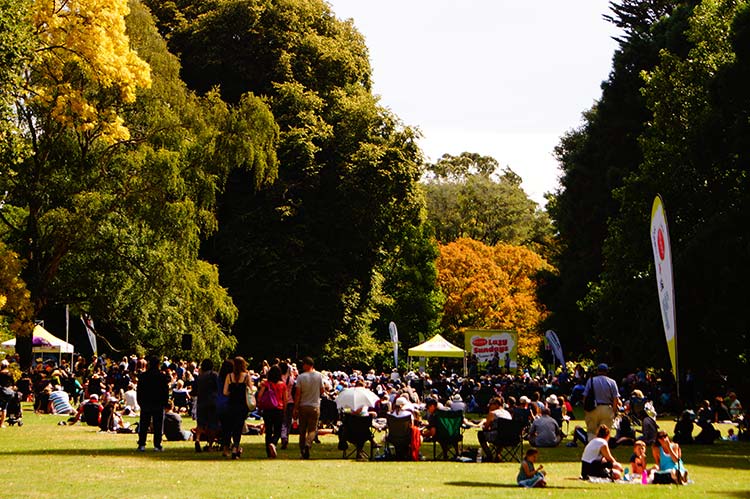 A crowded park scene during the Lazy Sunday event, showing people sitting on the grass under large trees, with a stage and colorful banners in the background.
