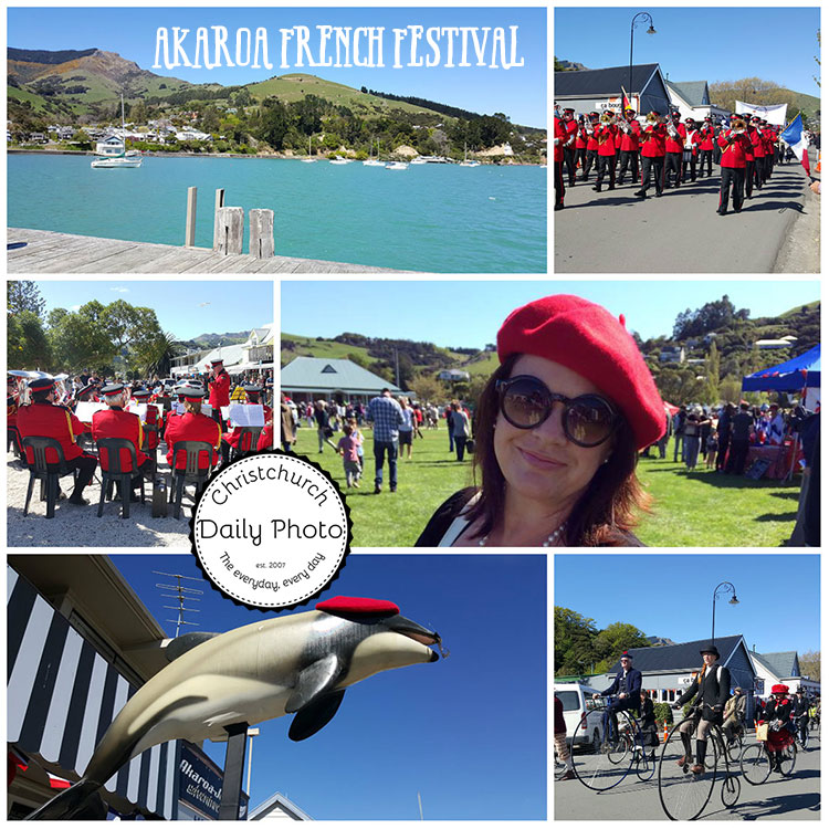 Collage of the Akaroa French Festival highlighting the waterfront, a marching band, Michelle (the blogger) wearing a red beret, and festival activities.