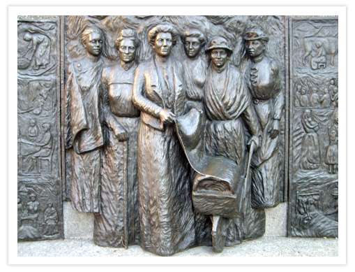 Bronze monument depicting life-size figures of key suffragette Kate Sheppard and other members of the New Zealand suffrage movement.