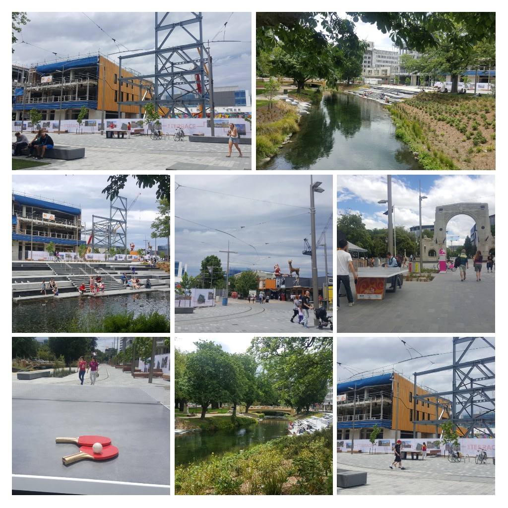 Collage of Oxford Terrace featuring riverside views, people walking, construction of buildings, and a ping pong table.